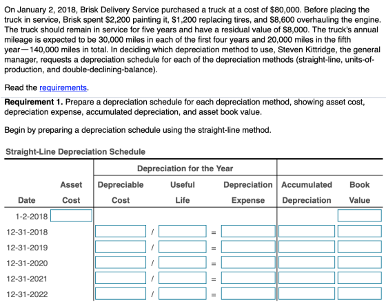On January 2, 2018, Brisk Delivery Service purchased a truck at a cost of $80,000. Before placing the truck in service, Brisk