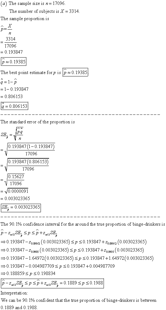(a) The sample size is n 17096 The number of subjects is X- 3314 The sample proportion is 3314 17096 0.193847 p0.19385 The be