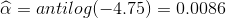 \widehat{\alpha } = antilog(-4.75) = 0.0086