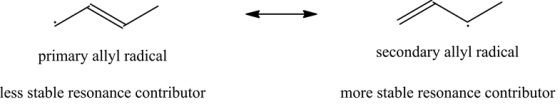 primary allyl radical
secondary allyl radical
less stable resonance contributor
more stable resonance contributor
