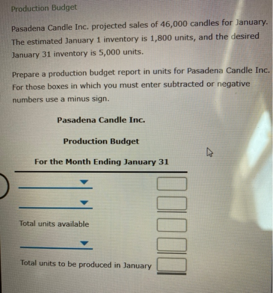 Production Budget Pasadena Candle Inc. projected sales of 46,000 candles for January. The estimated January 1 inventory is 1,
