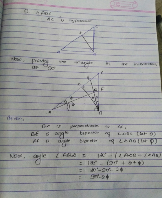 n ABC AC is hypotenuse Noce, proving a 90 triangle in the intersection, of A B Gilven, - BA is BE is angle AF is angle perpen