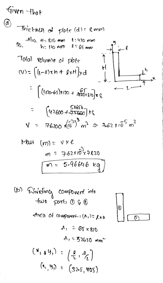 Given that @ Thickaen of plote (dla 8mm Also, H=810 mm 1:420 mm h: 120 mm e = 65 mm H Total volume of plate (V)= [t-8) 5+ 4xH
