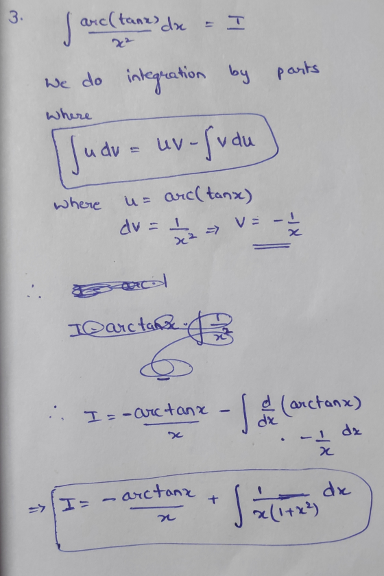 arc (tants de = I We do integration by parts where Judo= uv-sudu where u= arc(tanx) dv = - = - 1 / 2 I@arctamed :. I = arc ta
