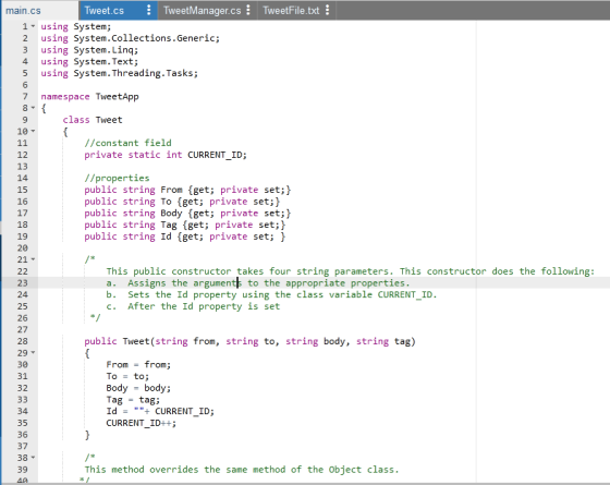 TweetFile.txt main.cs Tweet.cs TweetManager.cs 1- using System; using System.Collections.Generic; using System.Linq; 4 using