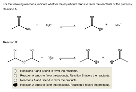 For the following reactions, indicate whether the equilibrium tends to favor the reactants or the products. Reaction A + NH N