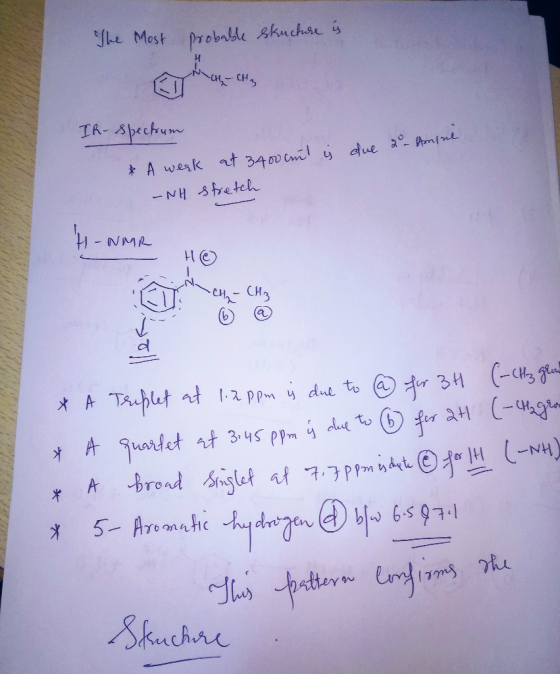 The Most probable skucture is H IR-spectrum due 2 - Amne & A week at 3400 ant is – NH stretch H-NMR H @ . , - си, * & A Tre