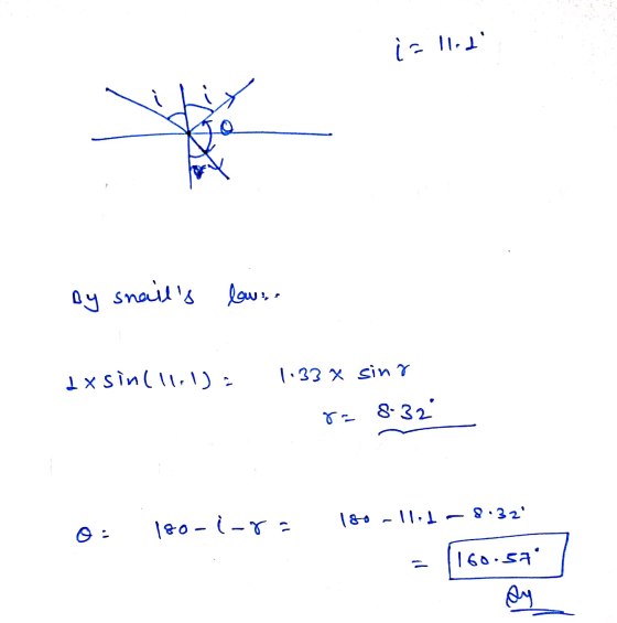 i = 11.1 by snails love dxsin (11.1) 1.33 x sinr 8= 8.32 180-i-ra 180 -11.1-8.32 160.57 py