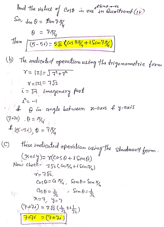 afsimo uove So, ten o= And the value of cose is tre in Quadrant (1) 74 0 - 7174 Then tan 7 15-5i) - 582 (Cos 98%,+ i Simany)