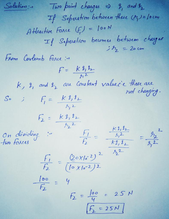 = 20 cm Solution: - Two point charges - 2, and ? If Seberation beforeen these (%) = locus Attractive force (f) = 100N If Sebe
