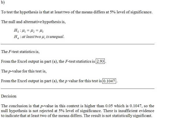 To test the hypothesis is that at least two of the means differs at 5% level of significance. The null and alternative hypoth