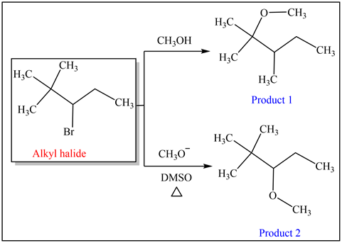 0-CH3
HZC
CH3OH
HC
H3C
Product 1
Br
CH;
H2C
Alkyl halide
CH30
DMSO
CH3
Product 2