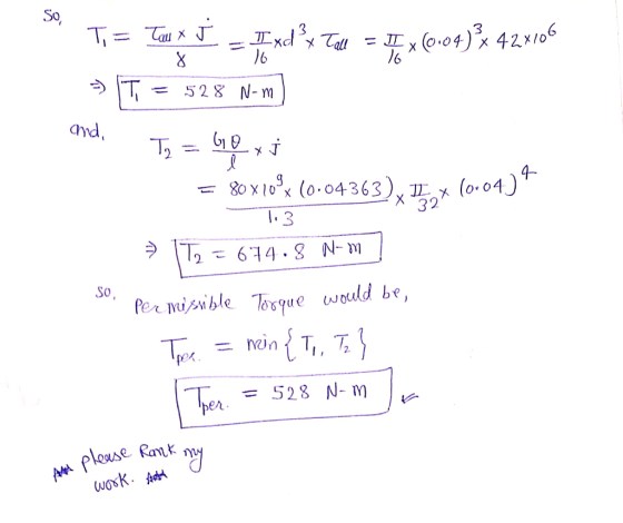 Ti= tu x - Ixd? Tal = F x (0.04)$ 42x70% » T = 528 N-m and, Tg = box 32% (0.04.14 = 80 X 10^x (0.04363), IIX (0.04. 1.3 > 1T2