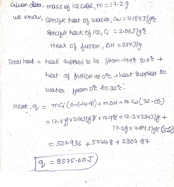 Given data mass of ice cure, m = 17:29 .. we know, specific heat of water cw ? 4,1845lge Specific heat of ice, ci = 2:06J/gº