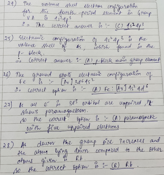 The calence shell electron configuration for the fourth period element in Group VA ¢ 8243 8. The correct answer is & (C) 452