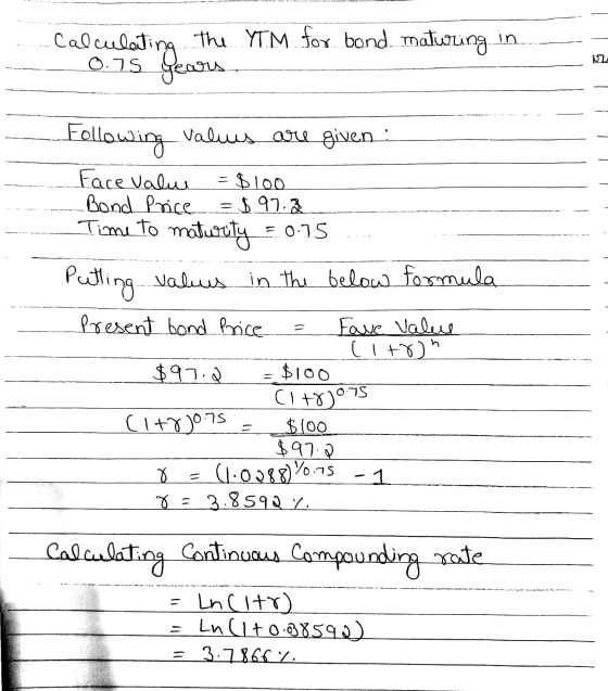 Calculating the YTM for bond maturing in 0.75 years Following values are given : face value = $100 Bond Price =$97.2 Time to