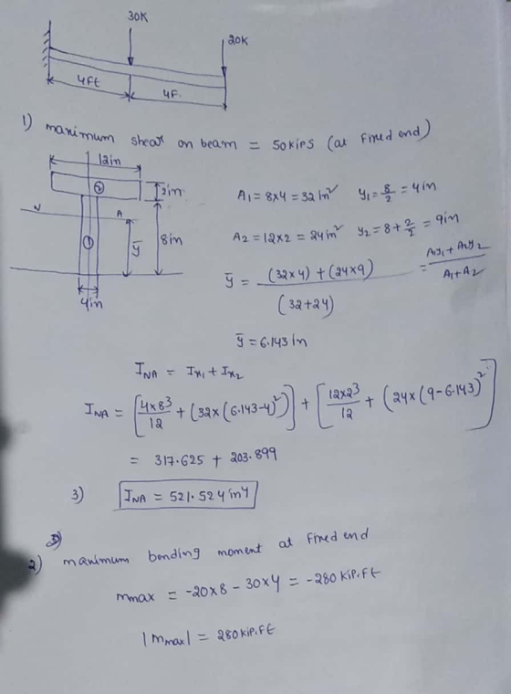 30K dok че (Р. 1 manimum shear on beam. Sokips (al fined end) lain im ASI+AGZ o Jaim A1= 8x4 = 32 ln y = 8 = 40 lol y sin A2