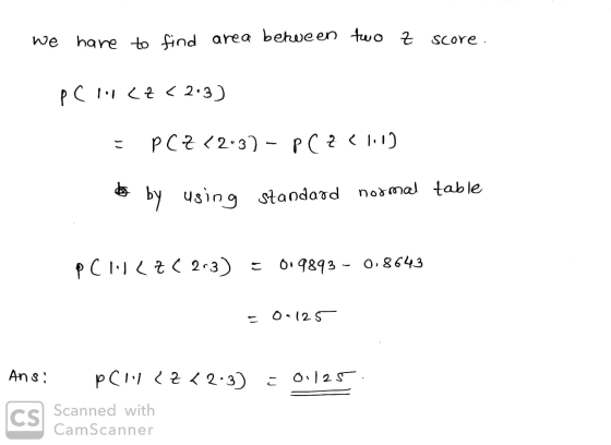 We have to find area between two Z score. pcct<2.3) = PCZ (2-3) - PC Z (1:1) by using standaod normal table p Clit CZ ( 2-3)