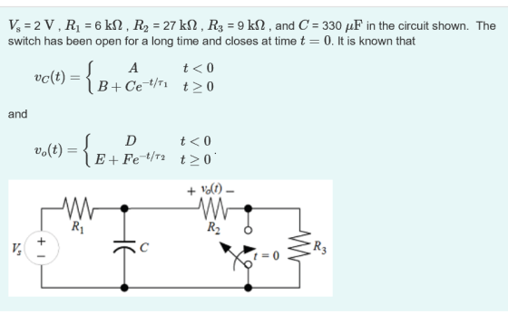 V 2 V, R1 6 k2, R2 27 k2, R3 9 kS2, and C 330 F in the circuit shown. The switch has been open for a long time and closes at time t- 0. It is known that and vo(t) R2 t-0