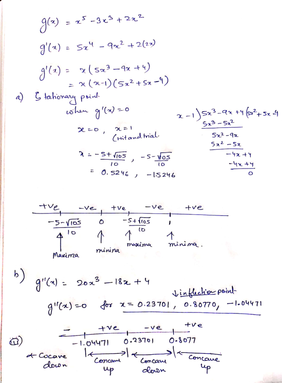 2 g(x) = x -3x3 + 2x² g(x) 5x4 - 9x2 + 2(2x) g(x) = x(523 -9x +4) = 2(2-1) (5x2 +52-4) a) Stationary point- when g(a)=0 2