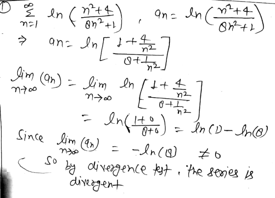 en E § en n²+ 4 on2+1 an= In an= ln (² + 4 nal on²th → 1 +4 [++ n2 ott lim (an) - lim en ++ nyoo no in In(14 to 0th n2 Since