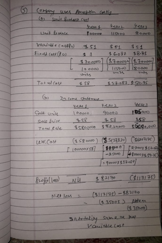 (3) Company uses Abeception (a unit Product cast conting و ها ديف ويوم Unit Rooduce 100000 115000 80000 variable costpu) fixe