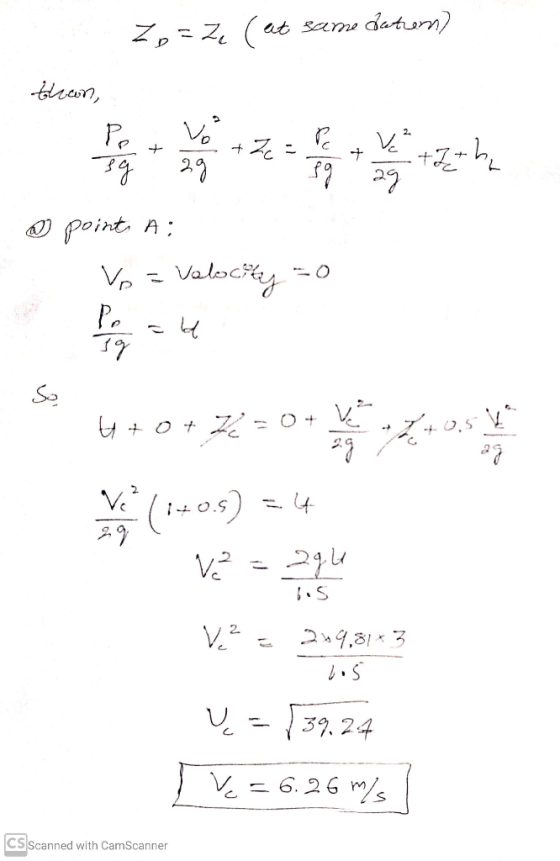 Zp=Zq (at same datum) than, @ point, A: Vo = valocity =-0 4+0+22=0* Vin (1+0.5) = 4 ve = 294 V2 = 219,81* 3 dos ų=[39.24 [ k=