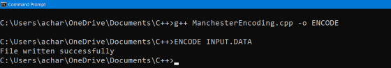 C:H. Command Prompt C:\Users\achar OneDrive\Documents\C++>g++ ManchesterEncoding.cpp -o ENCODE C:\Users\achar\OneDrive\Docume