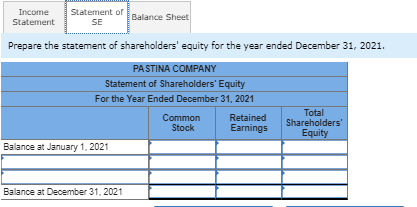Statement ofBalance Sheet Income Statement SE Prepare the statement of shareholders equity for the year ended December 31, 2