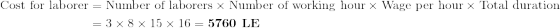 \begin{aligned}\textup{Cost for laborer}&=\textup{Number of laborers}\times \textup{Number of working hour}\times \textup{Wage per hour} \times \textup{Total duration}\\\textup{ }&=3\times 8\times 15\times 16=\textbf{5760\textup{ LE}}\end{aligned}