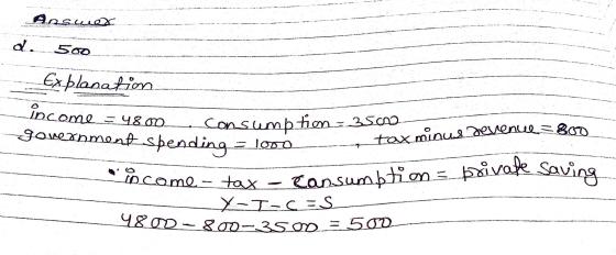 Ans.mex d. 500 Cansumption = private Saving Explanatin consumption : 35610 tax minus devence = 800 Y-T-s=s 4800-800-3500 = 50