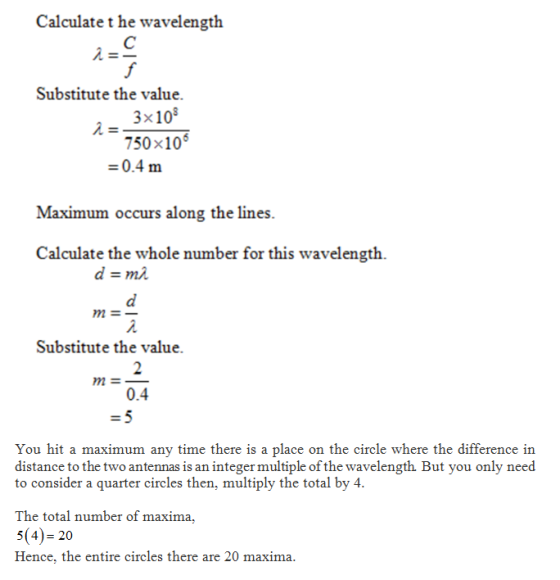Calculate t he wavelength Substitute the value. 3x108 750x106 -0.4 m Maximum occurs along the lines Calculate the whole numbe