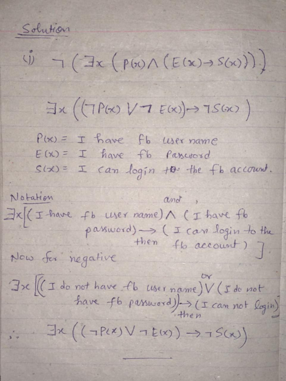 Solution (3x (poo (Ex)560) Ix (CTP) V7 (66-> 75607) P(x) = I have fb user name E(x) = I have f6 Password S(x)= I can login to