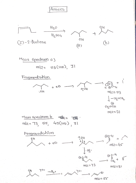 Answer. H2O rt 94 H₂504 r t u (Z) - 2 -Pentene ca (6) Mass Spectrum a) m12= 59 (100), 31 Fragmentation TOH СИ M12=59 1-12=5th
