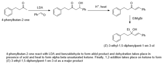 LDA Ht, heat ph Pho 4-phenylbutan-2-one EtMgBr Et он Ph (E)-3-ethyl-1,5-diphenylpent-1-en-3-ol 4-phenylbutan-2-one react with