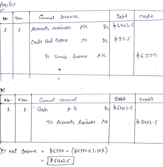 Ans: (a) General JOURNAL Tym credit Debit Dr $6402.5 Alc L. Accounts creceivable Credit Card Expense Al Dr $97.5 to Service R
