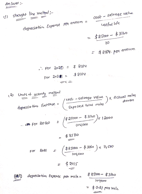 An Swer Ushaught line methol- salvage value COst depreciatior Expense pen annum щерu ufe $astoo- $3l60 2184 pen annum $ २६५ U