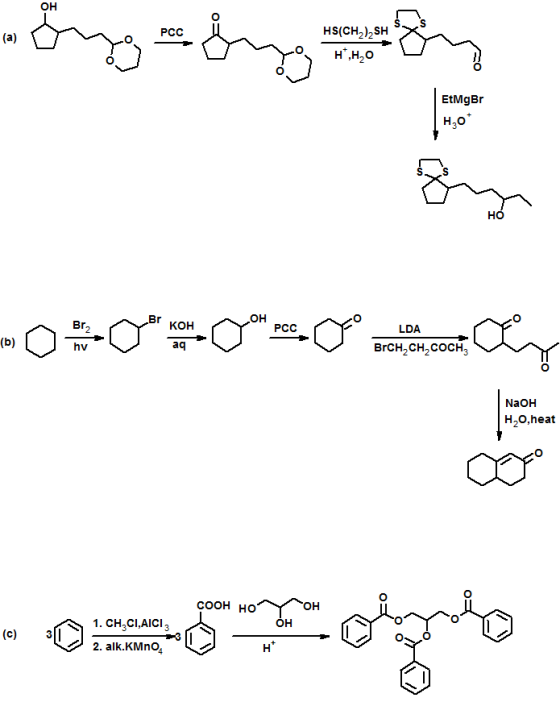 он PCC HS(CH2)2SH EtMgBr HO он PCC LDA hv aq BrCH2CH2COCH3 NaOH H2O,heat COOH HO OH 1. CHjCI,AICI 2. alk.KMno он (c)3
