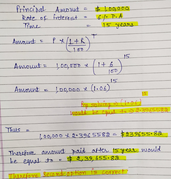 $ 100,000 Principal Amount Rate of interest Time 67. P. A 15 years Amount (1+R 15. Amount = 100,000 x t 6 15 Amount 100,000 x
