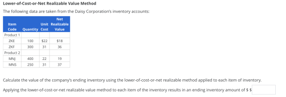 Lower-of-Cost-or-Net Realizable Value Method The following data are taken from the Daisy Corporations inventory accounts: Ne