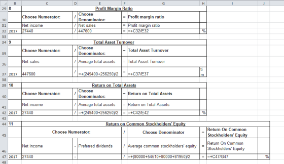 B C A 29 8 DE Profit Margin Ratio Choose = Profit margin ratio Denominator: / Net sales = Profit margin ratio 1447600 =+C32/E