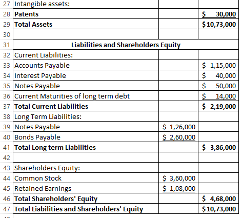 $ 30,000 $ 10,73,000 27 Intangible assets: 28 Patents 29 Total Assets 30 31 Liabilities and Shareholders Equity 32 Current Li