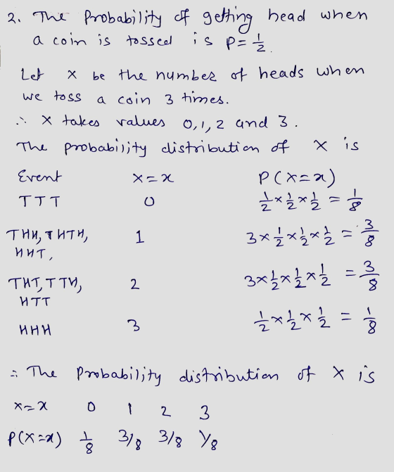 2. The probability of getting head when a coin is tossed is p= ² x x is Let be the number of heads when we toss a coin 3 time