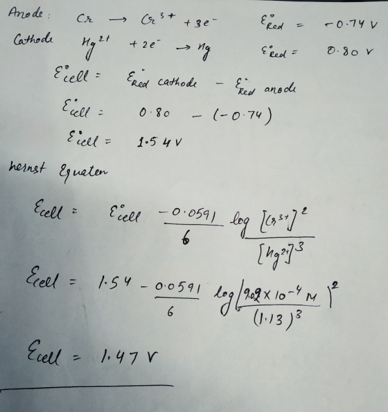 -0.74 0.8or Anode: cr Cathode Hght Ecell Ecell = Ecell = hernst Equaten Ca²+ + ze Ered = tre ng Exed = Exed cathode - Ered an
