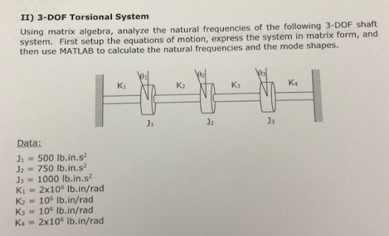 II) 3-DOF Torsional System Using matrix algebra, analyze the natural frequencies of the following 3-DOF shaft system. First setup the equations of motion, express the system in matrix form, and then use MATLAB to calculate the natural frequencies and the mode shapes. K2 K3 K4 J1 J2 J3 Data: J: = 500 lb.in.s- J2 750 lb.in.s2 J3 1000 lb.in.s? K1-2x106 lb.in/rad K2 106 Ib.in/rad K3 106 Ib.in/rad K4 2x106 lb.in/rad