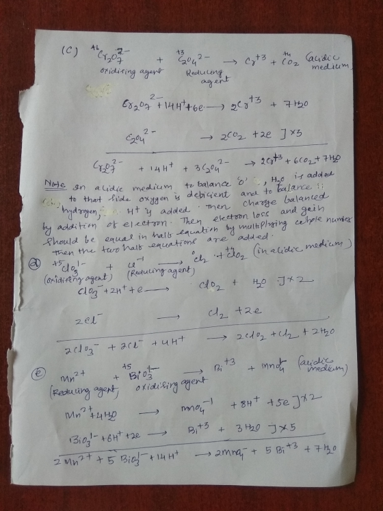 (C) #z Croz Cy+3+ to 34²- Reduling , acidic medium, oxidising agent agent 2- Eroz + 14 H7+60 2873 + 7420 2- you Note on acidi