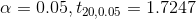 \alpha=0.05,t_{20,0.05}=1.7247