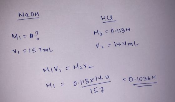 Naon Hel Mico? H₂ = 0.113M. = 14.4mL V, 15.1mL MIVI = M₂ VL 20.1036M Mi = 0.113414. U 15.7