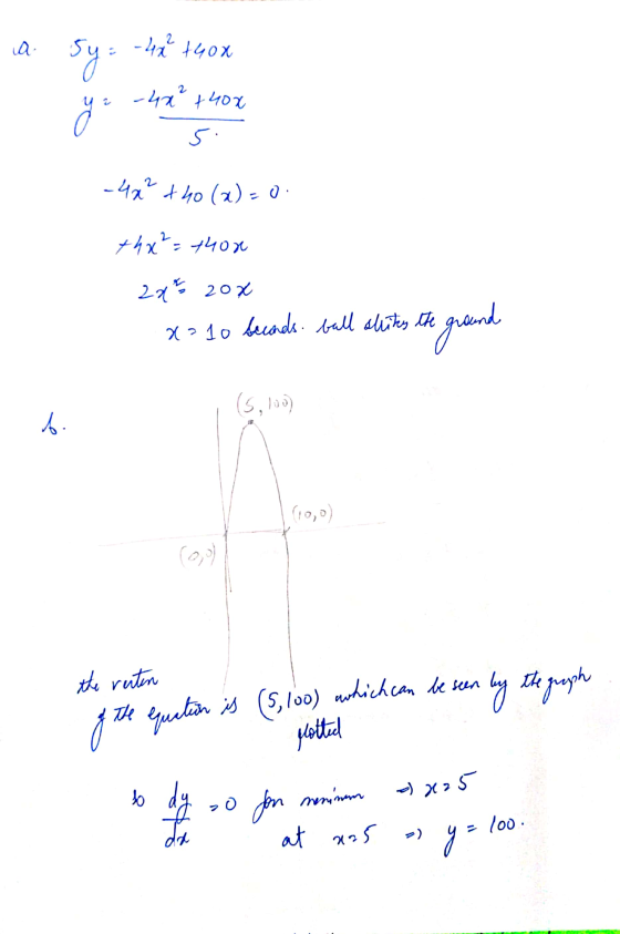 a -4040 sy -4x² +40x so .کی - 4x² tho (x)=0 thx²= 4400 22² 2ox x= 10 seconds. ball stity the ground (5,100) . (10,0) the rent