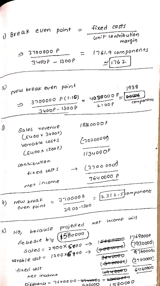 reak even point = eu 1) Break fixed costs unit contribuhon margin 1761.9 components ~1762 - = 3700000 P - 3400P - 1300 P new